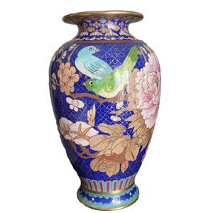 Antique Chinese Brass Enameled Vase Cloisonne Famille Rose Urn Blue Gold Floral